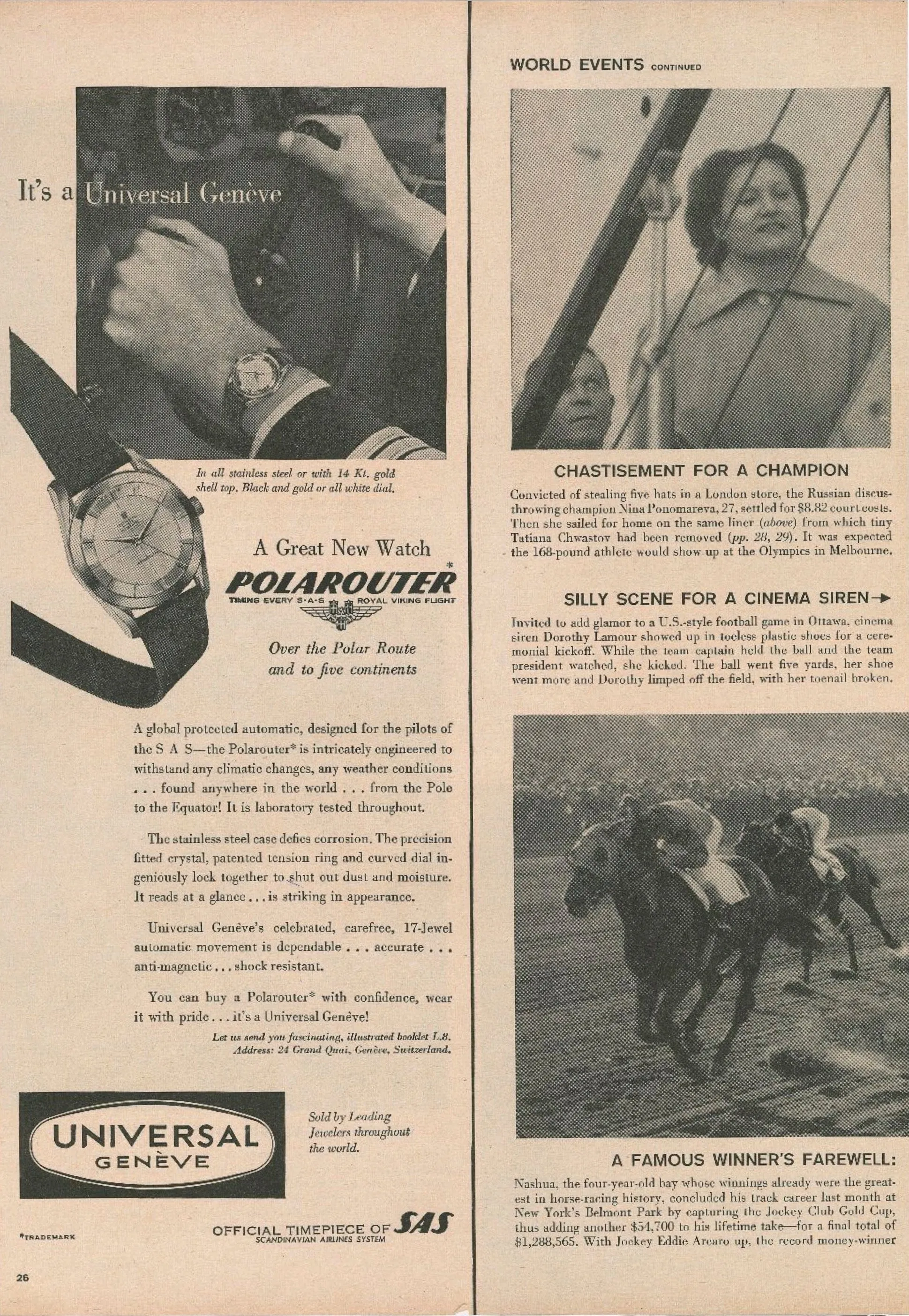 1954 Universal Genève Polarouter Magazine Advertisement - "A Great New Watch" designed for pilots of SAS