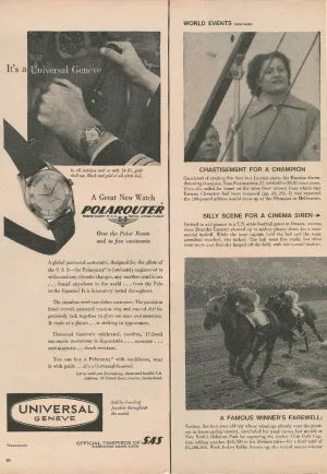 1954 Universal Genève Polarouter Magazine Advertisement - "A Great New Watch" designed for pilots of SAS