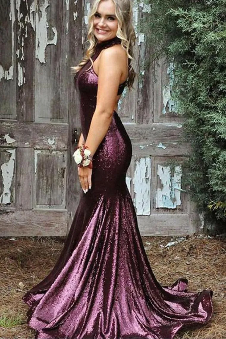 2024 Sexy Trumpet/Mermaid Sequins Open Back Prom Dress Halter