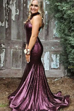2024 Sexy Trumpet/Mermaid Sequins Open Back Prom Dress Halter