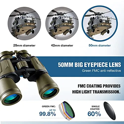 20x50 Military Binoculars for Adults with Smartphone Adapter - Compact Waterproof Tactical Binoculars for Bird Watching Hunting Hiking Concert Travel Theater with BAK4 Prism FMC Lens, Mud