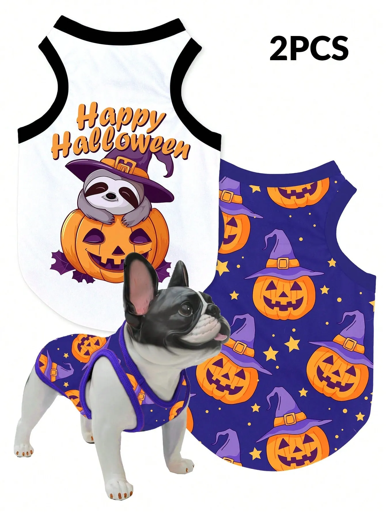 2pcs Halloween Pumpkin Print Anti-Flea, Reduce Shedding, Breathable Black Vest For Indoor/Outdoor Cat & Dog