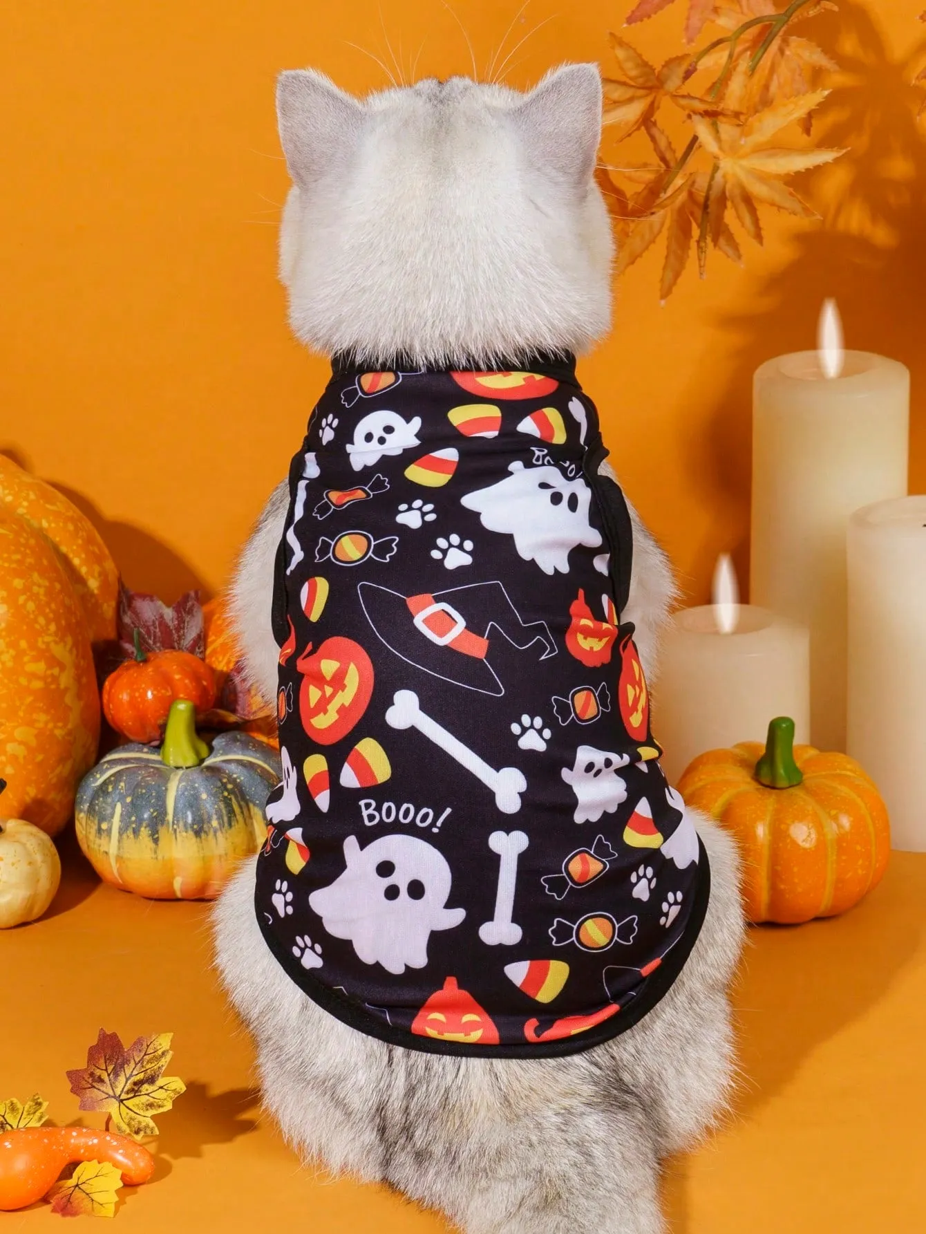 2pcs Halloween Pumpkin Print Anti-Flea, Reduce Shedding, Breathable Black Vest For Indoor/Outdoor Cat & Dog