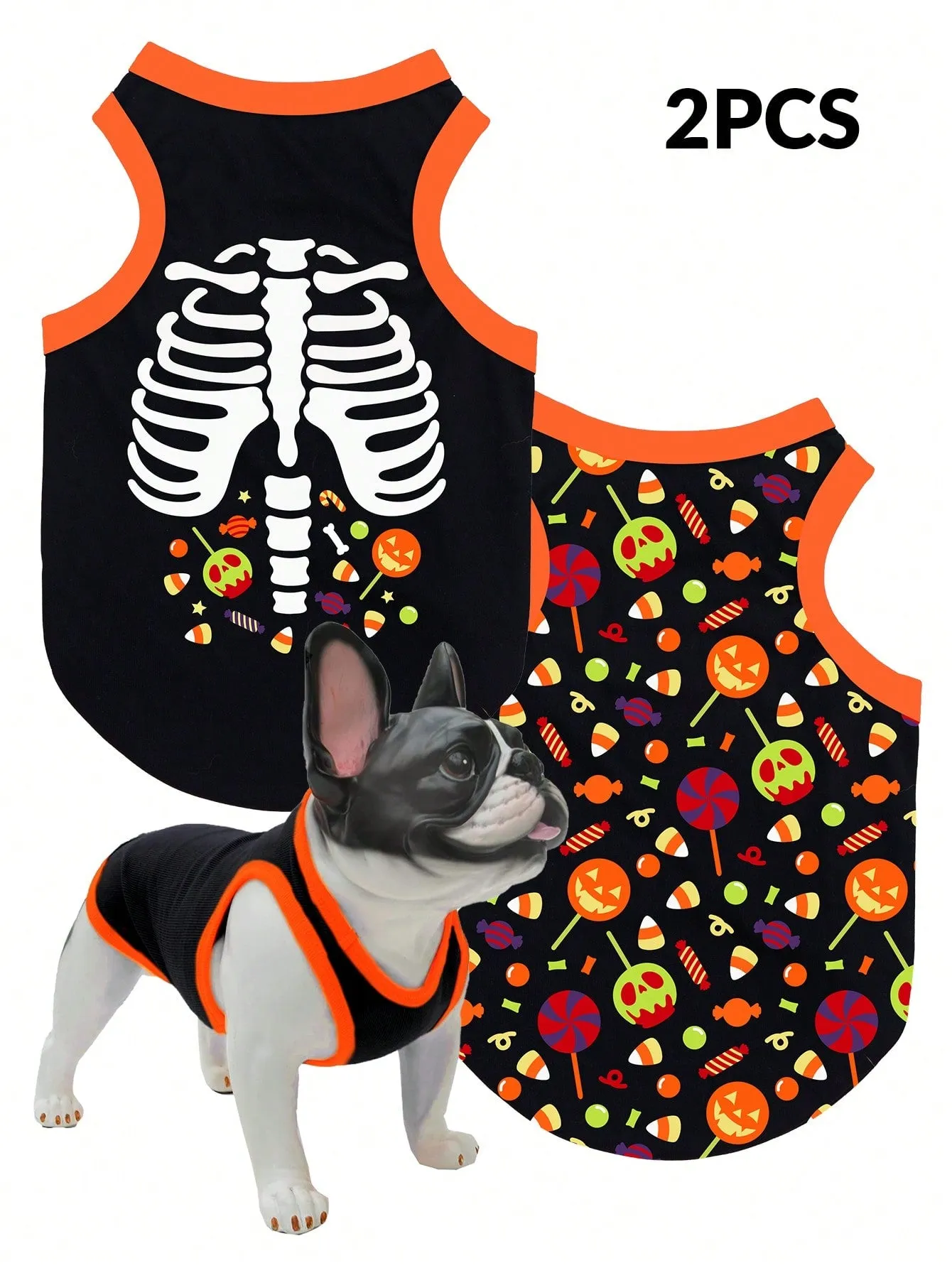 2pcs Halloween Pumpkin Print Anti-Flea, Reduce Shedding, Breathable Black Vest For Indoor/Outdoor Cat & Dog
