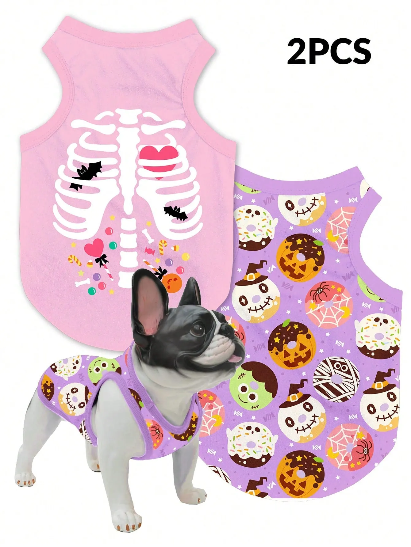2pcs Halloween Pumpkin Print Anti-Flea, Reduce Shedding, Breathable Black Vest For Indoor/Outdoor Cat & Dog