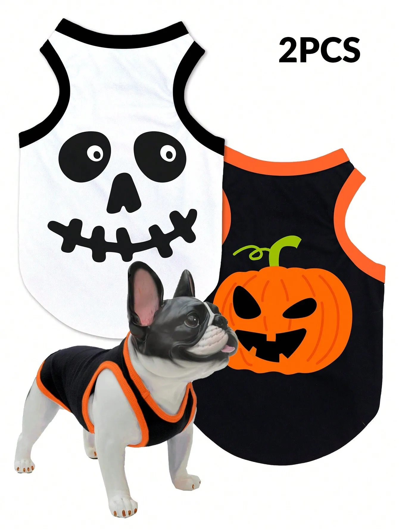2pcs Halloween Pumpkin Print Anti-Flea, Reduce Shedding, Breathable Black Vest For Indoor/Outdoor Cat & Dog