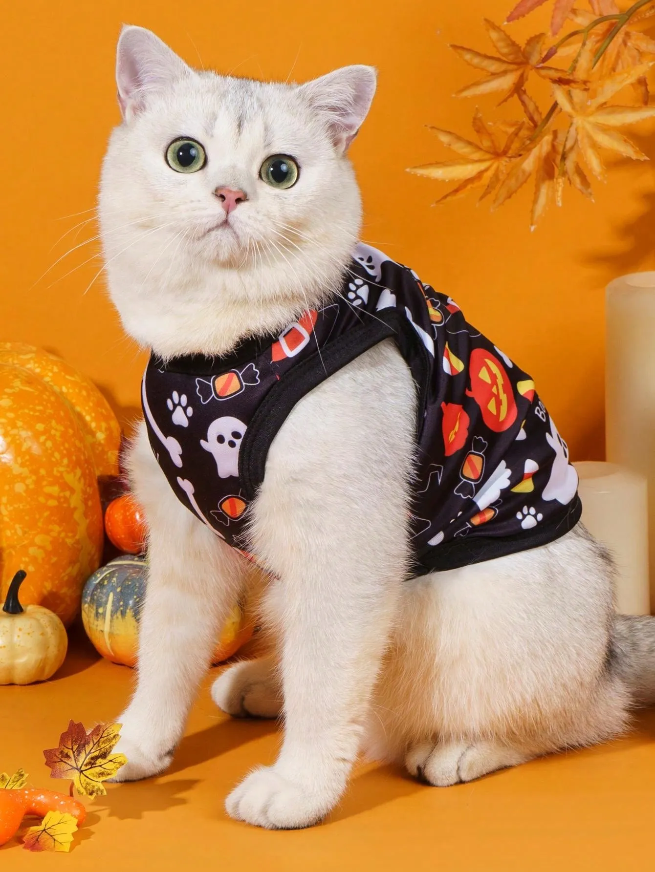 2pcs Halloween Pumpkin Print Anti-Flea, Reduce Shedding, Breathable Black Vest For Indoor/Outdoor Cat & Dog