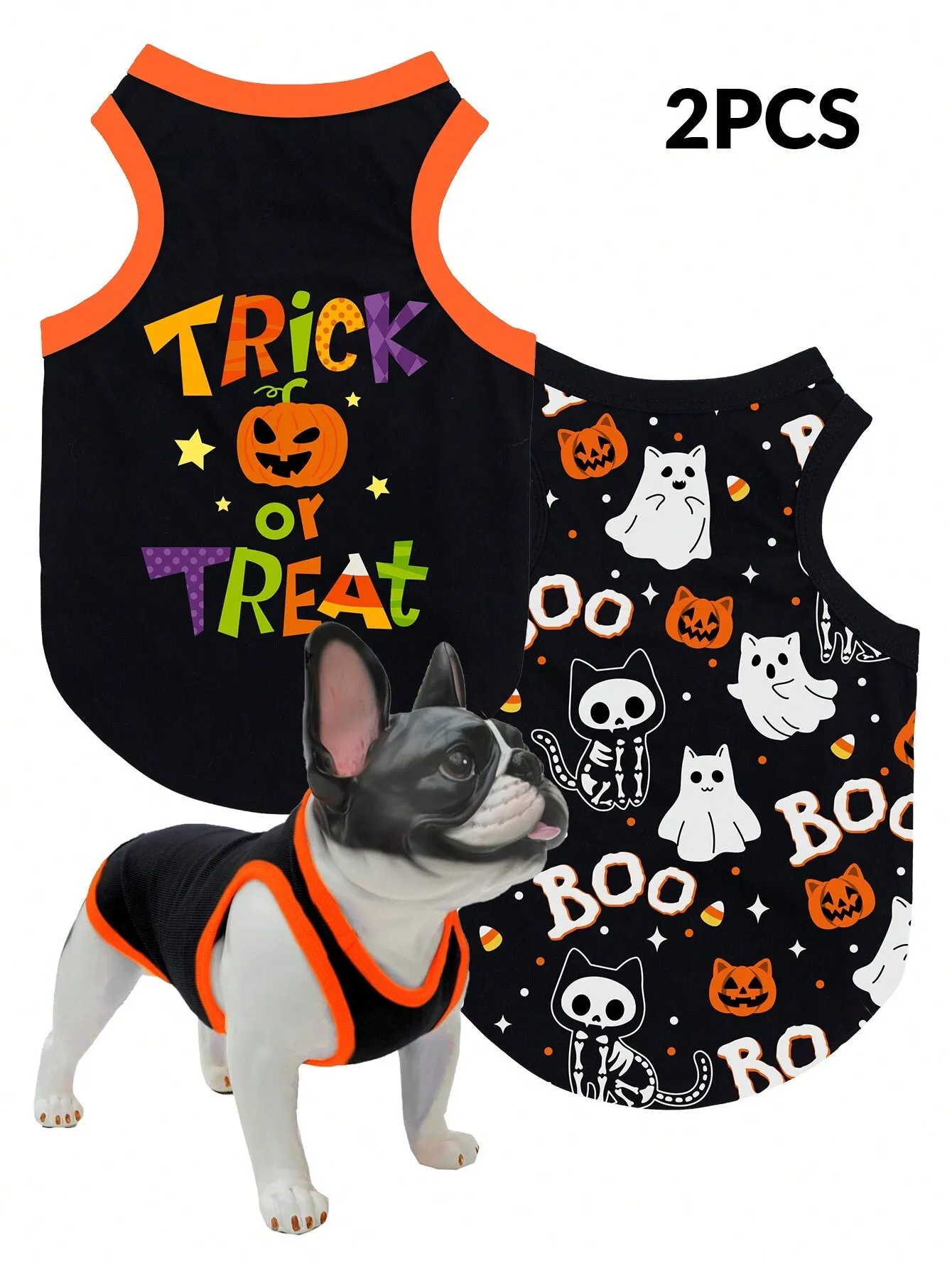2pcs Halloween Pumpkin Print Anti-Flea, Reduce Shedding, Breathable Black Vest For Indoor/Outdoor Cat & Dog