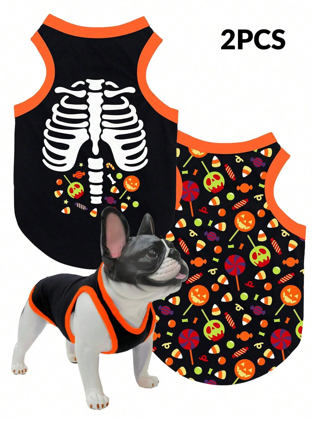 2pcs Halloween Pumpkin Print Anti-Flea, Reduce Shedding, Breathable Black Vest For Indoor/Outdoor Cat & Dog