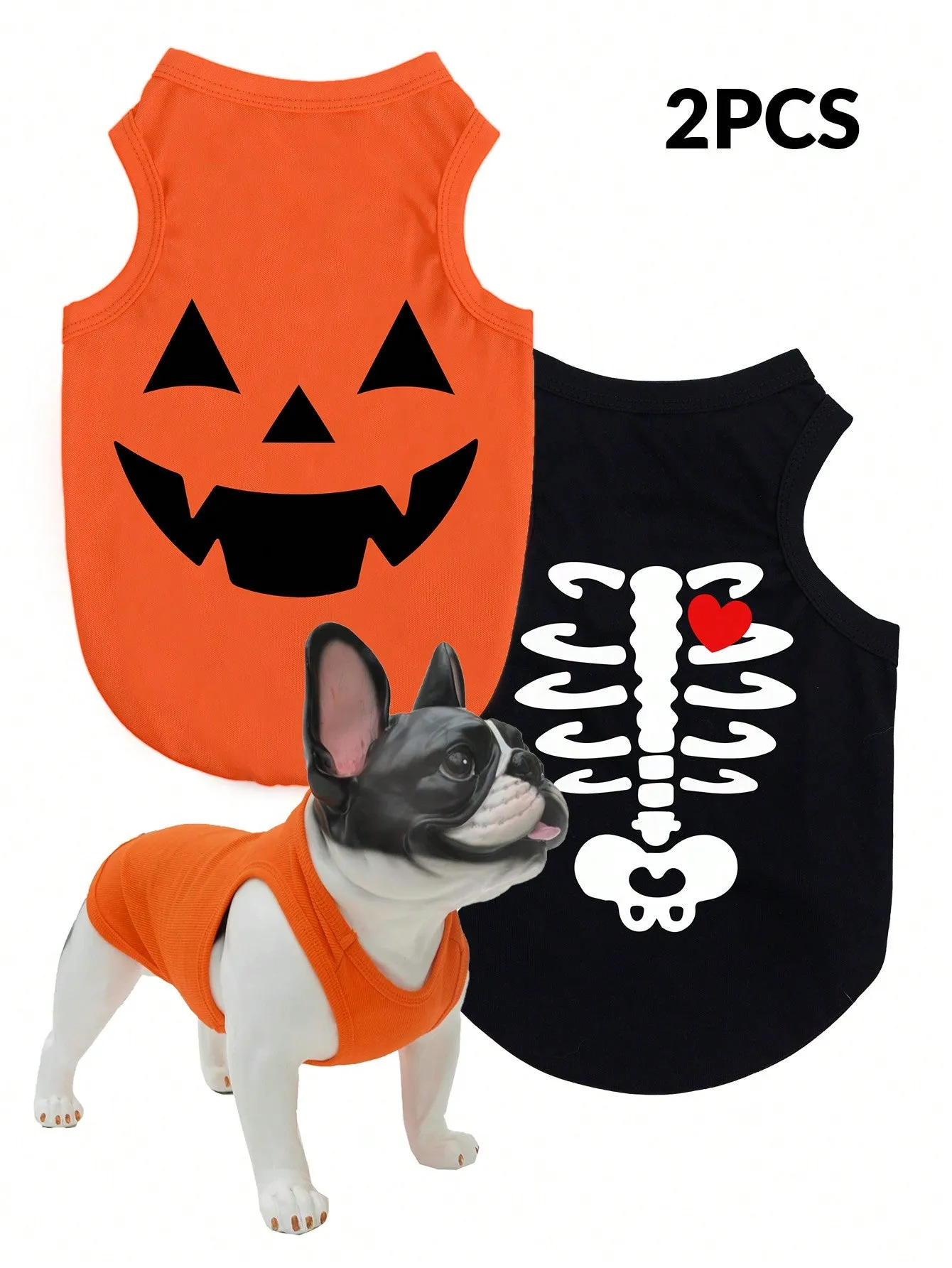 2pcs Halloween Pumpkin Print Anti-Flea, Reduce Shedding, Breathable Black Vest For Indoor/Outdoor Cat & Dog