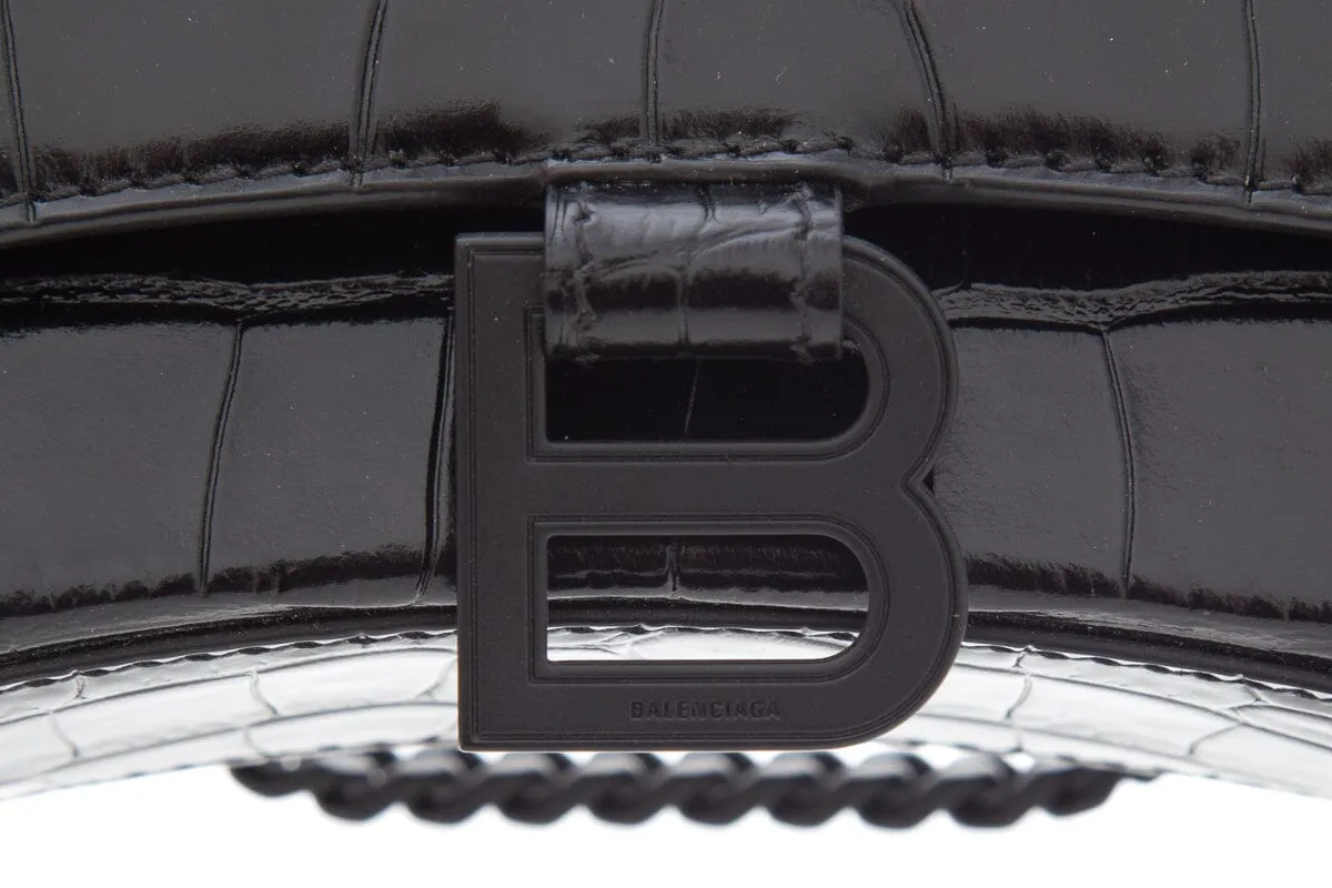 Balenciaga Black Hourglass Croc-Embossed Handbag