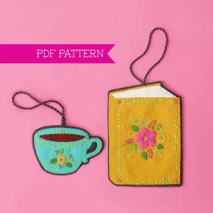 Book and Teacup Wool Felt Ornament PDF Pattern