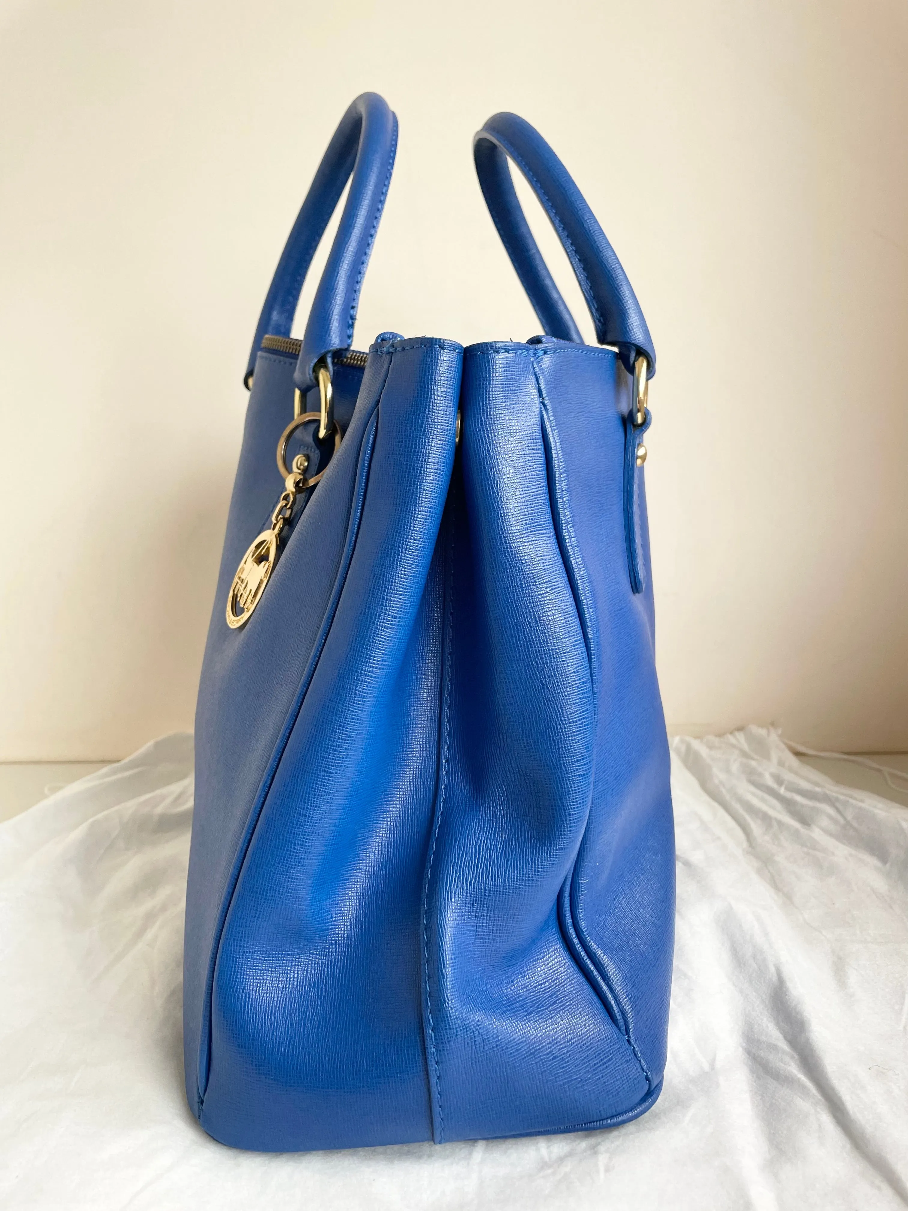 BRAND NEW BROWN & BERRY LONDON ROYAL BLUE LEATHER TOTE BAG WITH DETACHABLE STRAP