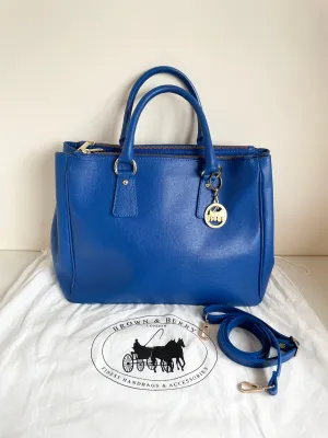 BRAND NEW BROWN & BERRY LONDON ROYAL BLUE LEATHER TOTE BAG WITH DETACHABLE STRAP
