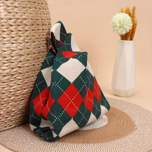 Chic Christmas Red & Green Diamond Knit Tote - Casual Gift Bag with Hand-Painted Canvas Cartoon Design, Cute Embroidery Art, Foldable Fabric