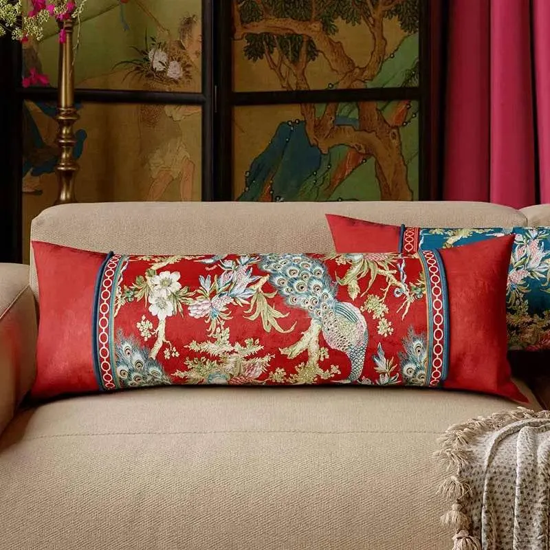 Chinoiserie Original Luxurious Peacock Long Lumbar Pillow