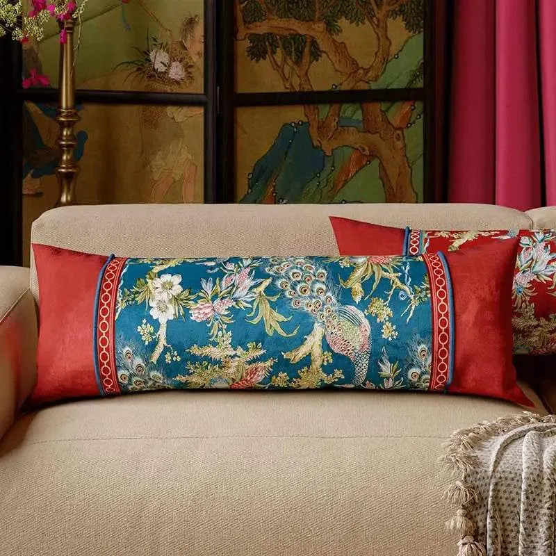 Chinoiserie Original Luxurious Peacock Long Lumbar Pillow