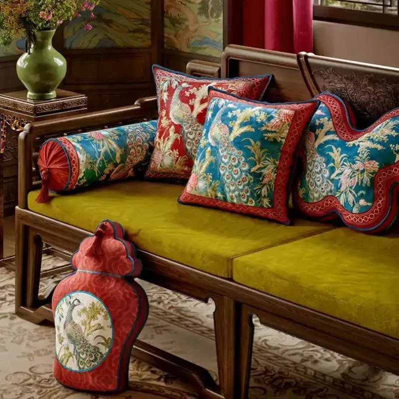 Chinoiserie Original Luxurious Peacock Long Lumbar Pillow
