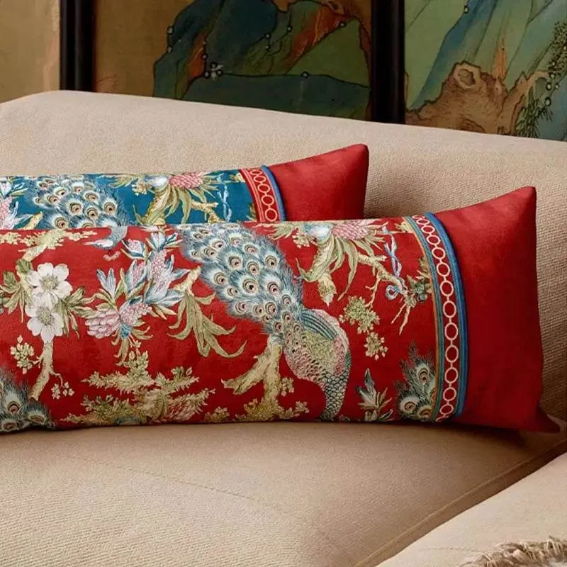Chinoiserie Original Luxurious Peacock Long Lumbar Pillow