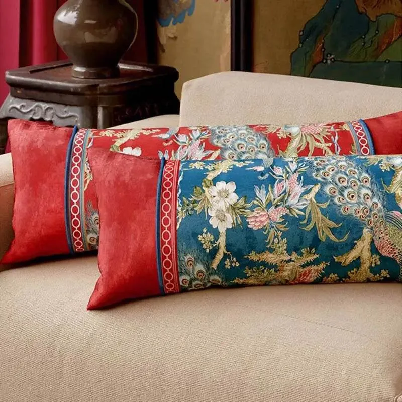 Chinoiserie Original Luxurious Peacock Long Lumbar Pillow