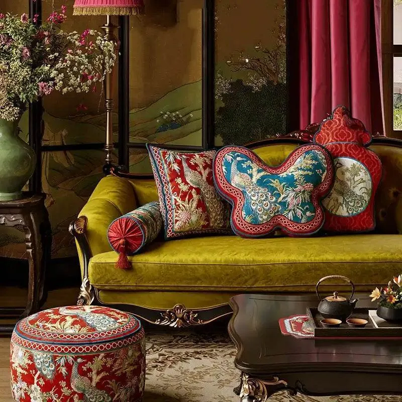 Chinoiserie Original Luxurious Peacock Long Lumbar Pillow