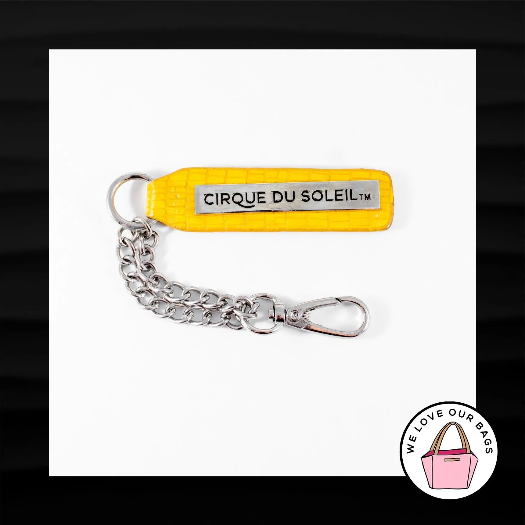 CIRQUE DU SOLEIL SILVER METAL CHAIN LEATHER KEY FOB BAG CHARM KEYCHAIN HANG TAG