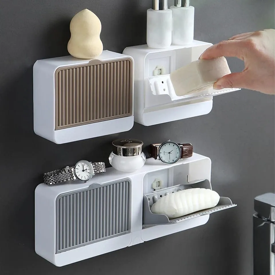 Clam Shell Bar Soap Holder With Drain And Water Tray, Soap Dish for Shower Wall, Wall Mounted Soap Bar Holder For Kitchen Bathroom