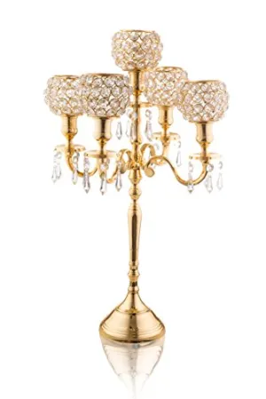 Classic 5 Candle Gold Candelabra With Crystal Studded Globes And Hanging Crystal Drops 18 Inch, Gold