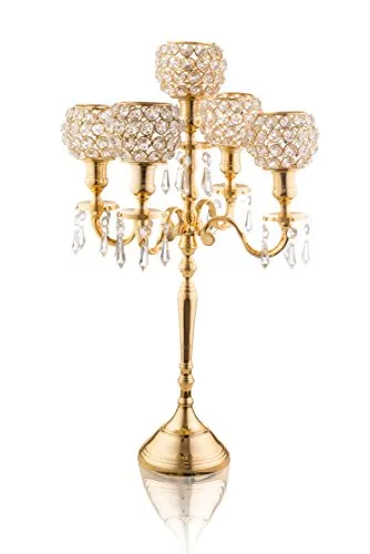 Classic 5 Candle Gold Candelabra With Crystal Studded Globes And Hanging Crystal Drops 18 Inch, Gold