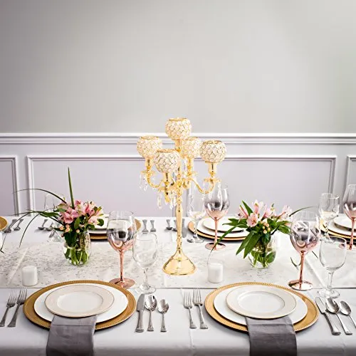 Classic 5 Candle Gold Candelabra With Crystal Studded Globes And Hanging Crystal Drops 18 Inch, Gold
