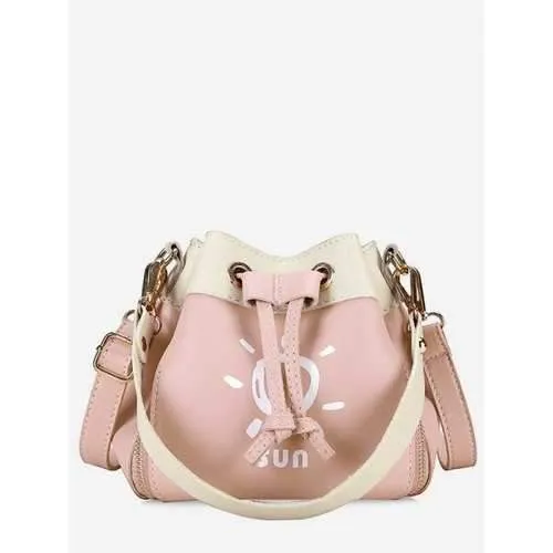 Contrasting Color String Bucket Shaped Crossbody Bag - Light Pink