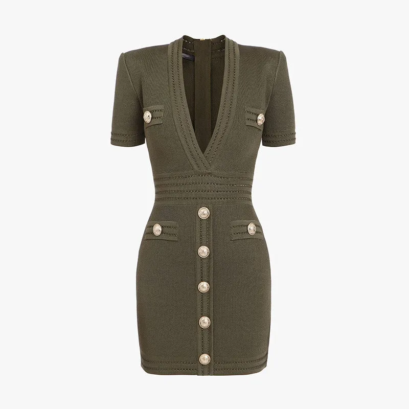 DUNNMALL  Spring  Knitted Short Sleeve V-neck Dress Ins Hip Skirt Cross-Border AliExpress Army Green Black Texture