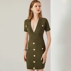 DUNNMALL  Spring  Knitted Short Sleeve V-neck Dress Ins Hip Skirt Cross-Border AliExpress Army Green Black Texture