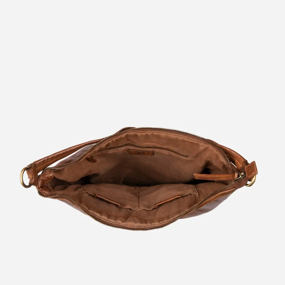 East West Ladies Leather Crossbody Bag, Cognac