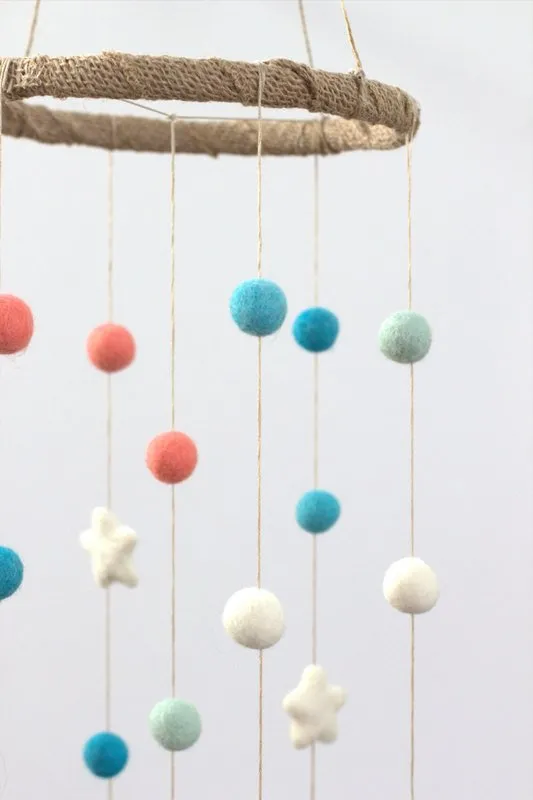 Felt Ball & Star Nursery Mobile- Coral, Turquoise- SMALL