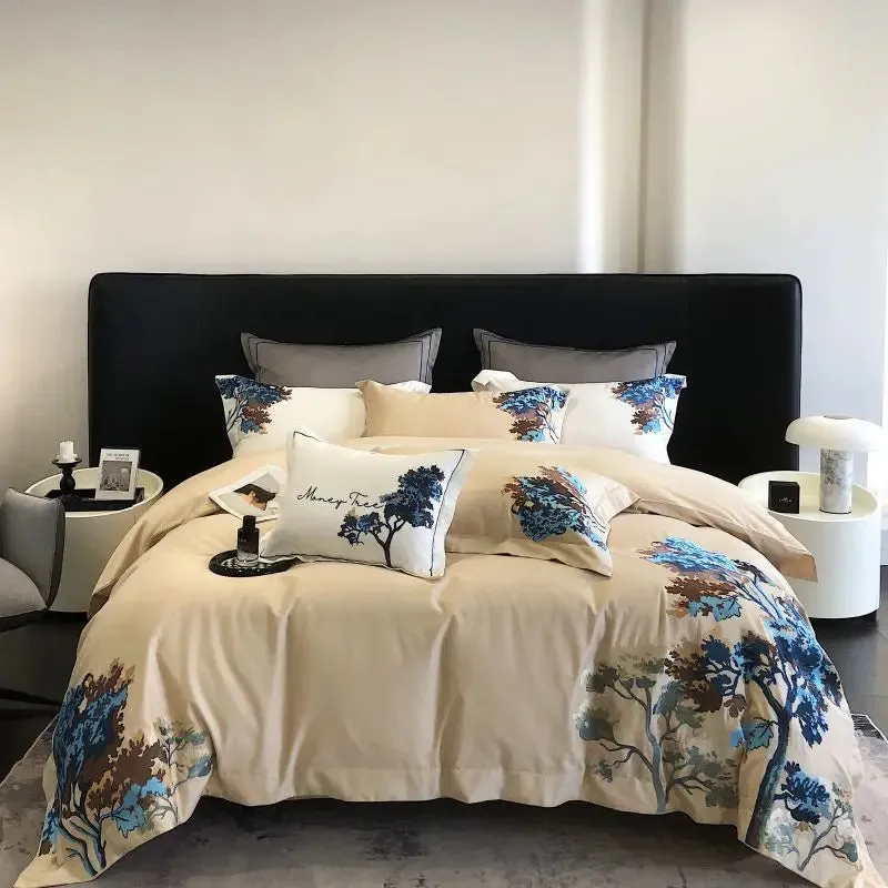 Flytonn-Egyptian Cotton Bedding Set, Luxury Chinese Style, Embroidery, Duvet Cover Set, Bed Sheet, Pillowcases, Home Textiles, 1000TC