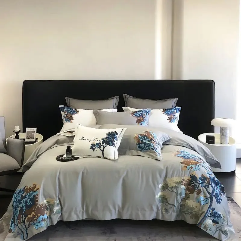 Flytonn-Egyptian Cotton Bedding Set, Luxury Chinese Style, Embroidery, Duvet Cover Set, Bed Sheet, Pillowcases, Home Textiles, 1000TC