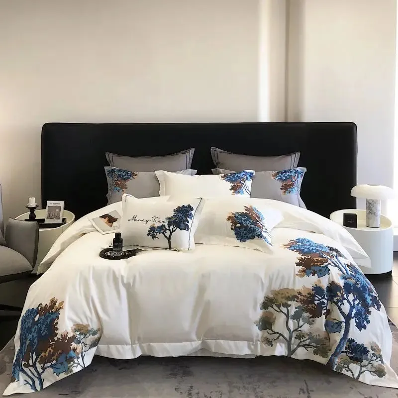 Flytonn-Egyptian Cotton Bedding Set, Luxury Chinese Style, Embroidery, Duvet Cover Set, Bed Sheet, Pillowcases, Home Textiles, 1000TC