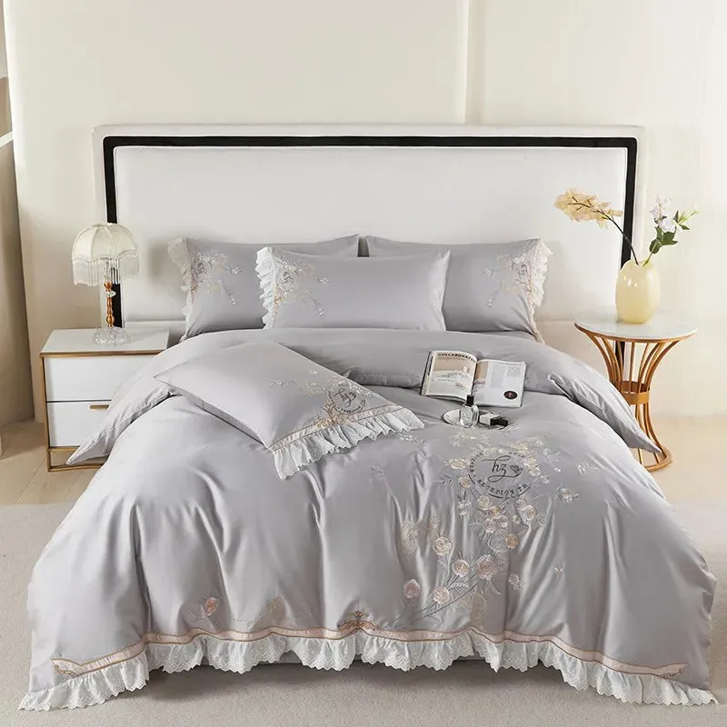 Flytonn-Pastoral Flowers Embroidery Bedding Set, 100s Egyptian Cotton, Lace Ruffles, Duvet Cover Set, Flat, Fitted Bed Sheet, Pillowcase