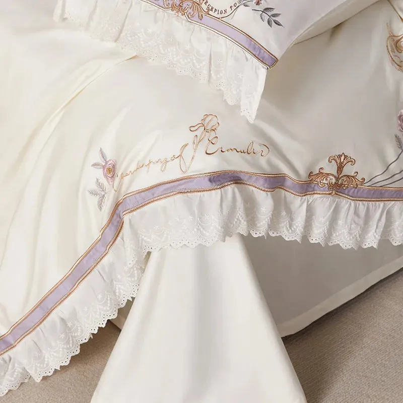 Flytonn-Pastoral Flowers Embroidery Bedding Set, 100s Egyptian Cotton, Lace Ruffles, Duvet Cover Set, Flat, Fitted Bed Sheet, Pillowcase