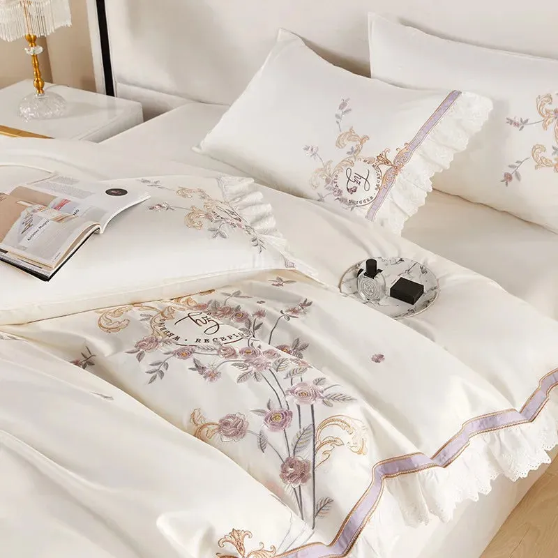 Flytonn-Pastoral Flowers Embroidery Bedding Set, 100s Egyptian Cotton, Lace Ruffles, Duvet Cover Set, Flat, Fitted Bed Sheet, Pillowcase
