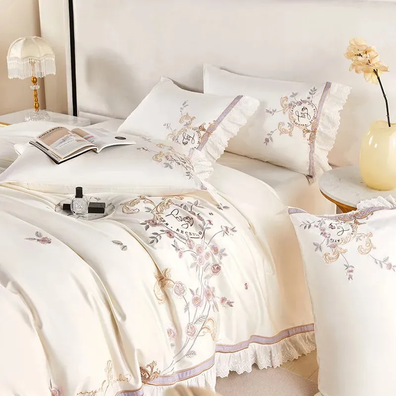 Flytonn-Pastoral Flowers Embroidery Bedding Set, 100s Egyptian Cotton, Lace Ruffles, Duvet Cover Set, Flat, Fitted Bed Sheet, Pillowcase