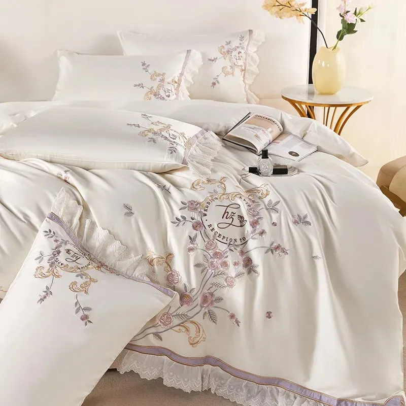 Flytonn-Pastoral Flowers Embroidery Bedding Set, 100s Egyptian Cotton, Lace Ruffles, Duvet Cover Set, Flat, Fitted Bed Sheet, Pillowcase