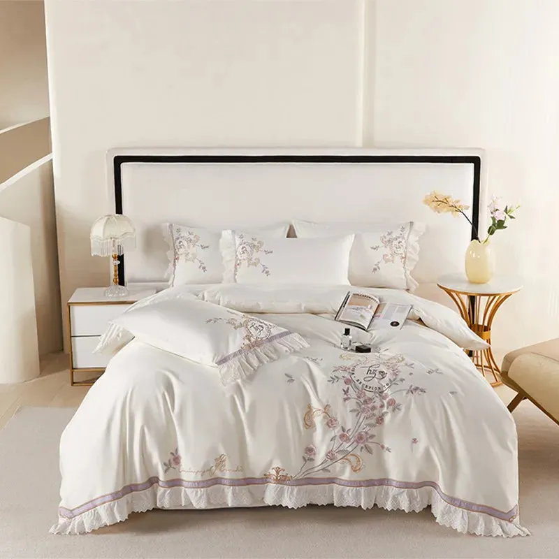 Flytonn-Pastoral Flowers Embroidery Bedding Set, 100s Egyptian Cotton, Lace Ruffles, Duvet Cover Set, Flat, Fitted Bed Sheet, Pillowcase