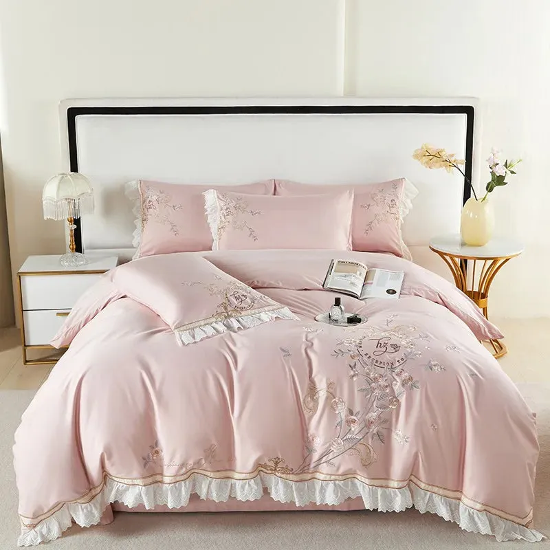 Flytonn-Pastoral Flowers Embroidery Bedding Set, 100s Egyptian Cotton, Lace Ruffles, Duvet Cover Set, Flat, Fitted Bed Sheet, Pillowcase