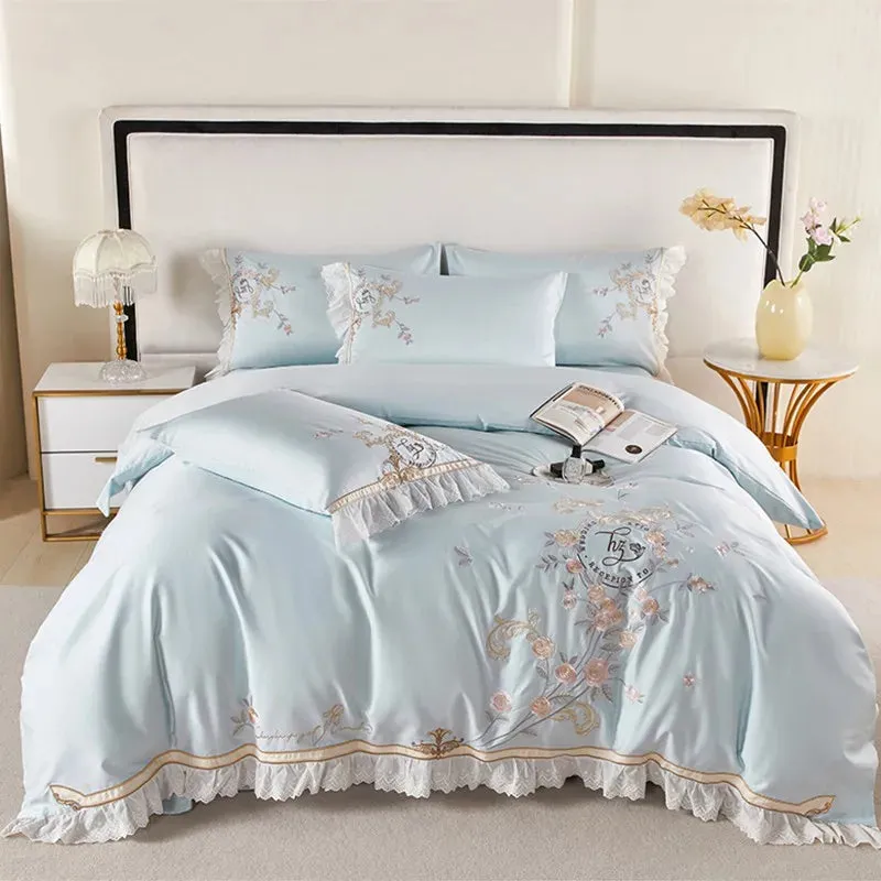 Flytonn-Pastoral Flowers Embroidery Bedding Set, 100s Egyptian Cotton, Lace Ruffles, Duvet Cover Set, Flat, Fitted Bed Sheet, Pillowcase