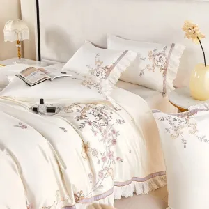 Flytonn-Pastoral Flowers Embroidery Bedding Set, 100s Egyptian Cotton, Lace Ruffles, Duvet Cover Set, Flat, Fitted Bed Sheet, Pillowcase