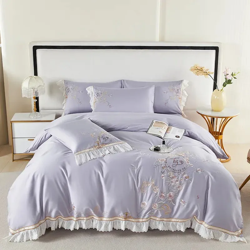 Flytonn-Pastoral Flowers Embroidery Bedding Set, 100s Egyptian Cotton, Lace Ruffles, Duvet Cover Set, Flat, Fitted Bed Sheet, Pillowcase