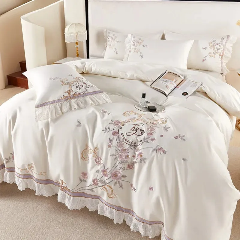 Flytonn-Pastoral Flowers Embroidery Bedding Set, 100s Egyptian Cotton, Lace Ruffles, Duvet Cover Set, Flat, Fitted Bed Sheet, Pillowcase
