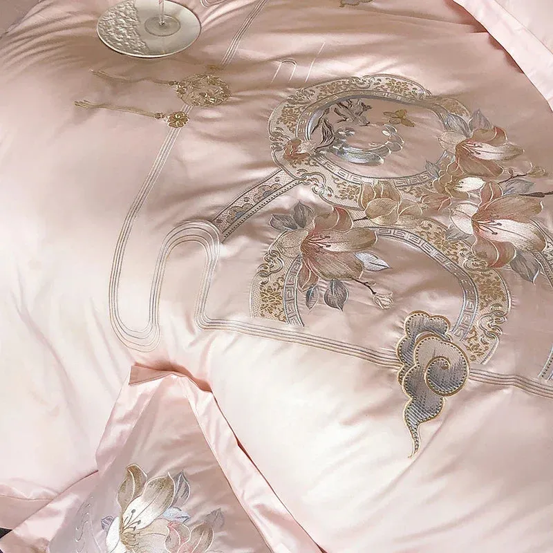 Flytonn-Pink Chinese Style Flowers Bird Embroidery Luxury Bedding Set 1000TC Egyptian Cotton Duvet Cover Bed Sheet Pillowcases 4/5Pcs